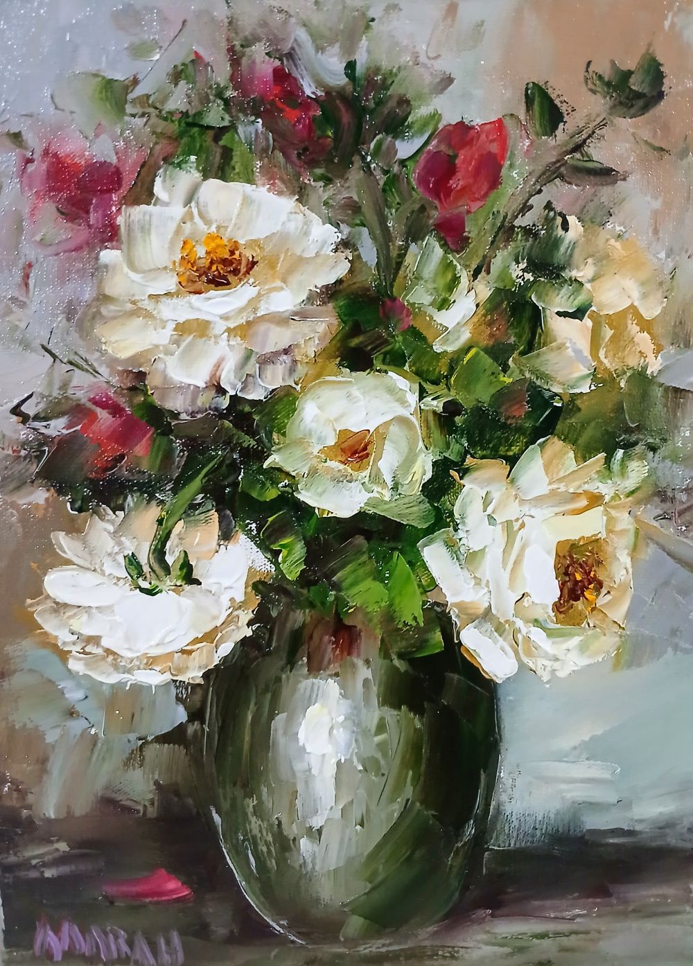 Quadro original "Rosas no Verde" — Florais, Óleo sobre tela, 18 x 24 cm, pintado à mão por Marah Silva
