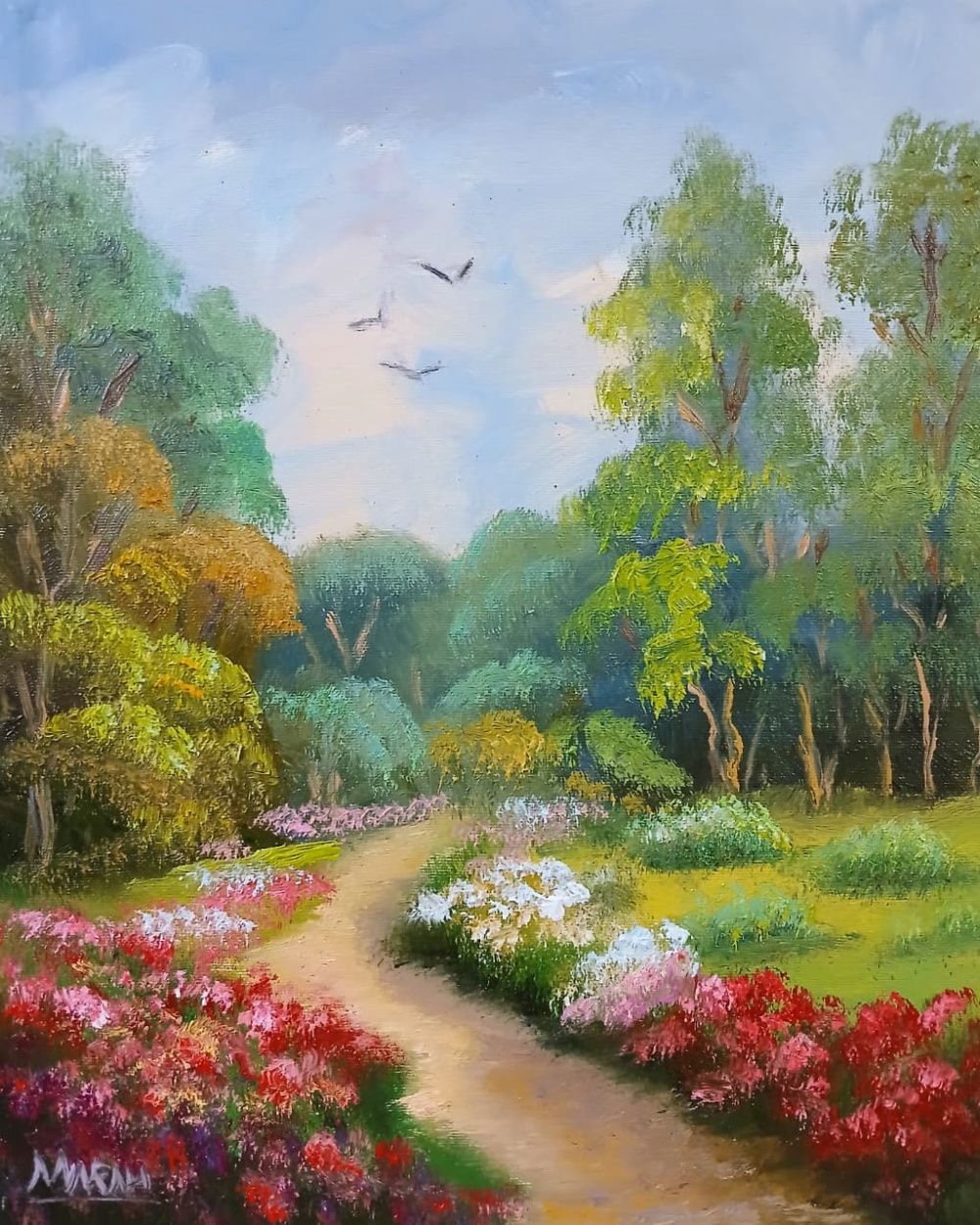 Quadro original "Jardim ao Amanhecer" — Paisagens, Óleo sobre tela, 24 x 30 cm, pintado à mão por Marah Silva