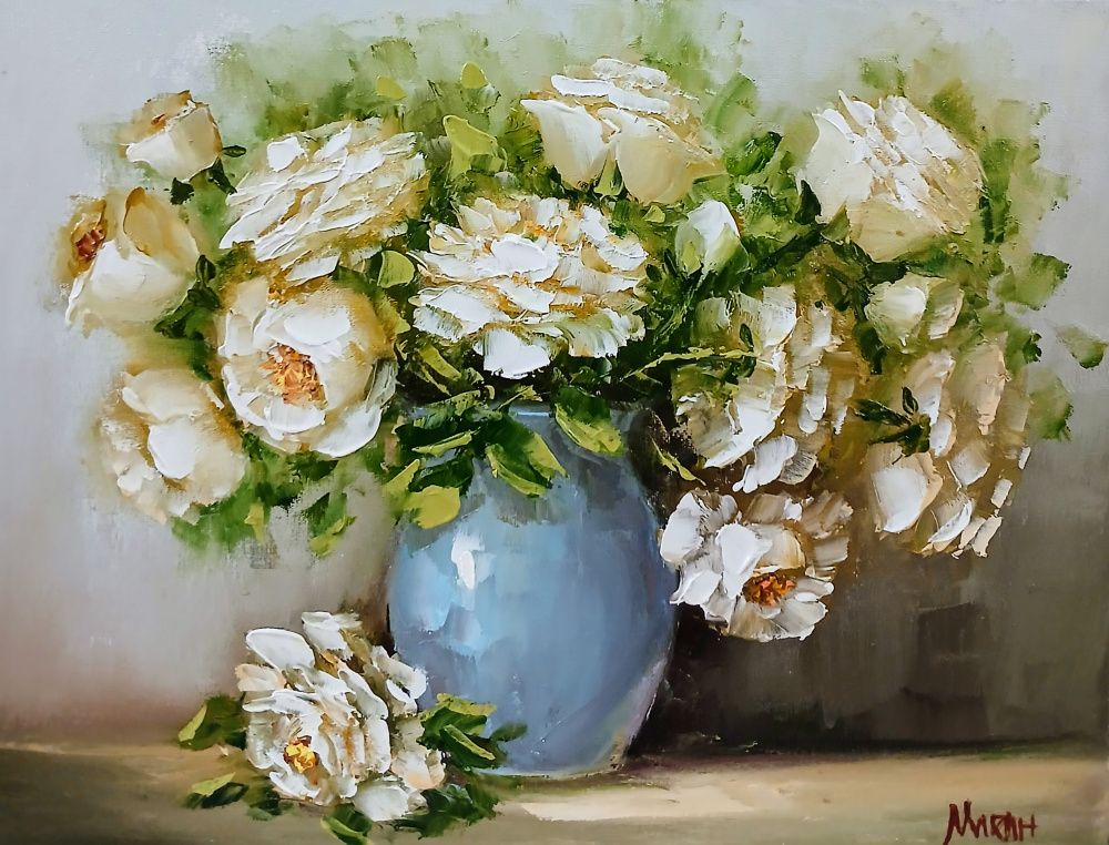 Quadro original "Rosas num vaso de porcelana" — Florais, Óleo sobre tela, 40 x 30 cm, pintado à mão por Marah Silva