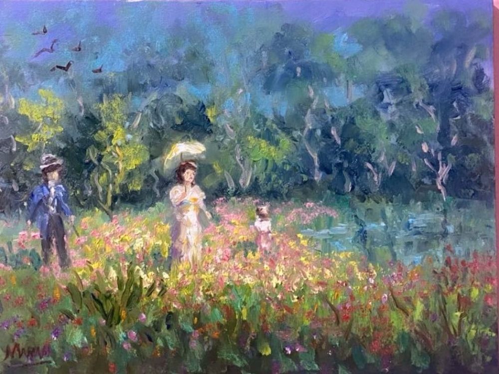 Quadro original "Dueto ao Sol" — Impressionismo, Óleo sobre tela, 40 x 30 cm, pintado à mão por Marah Silva