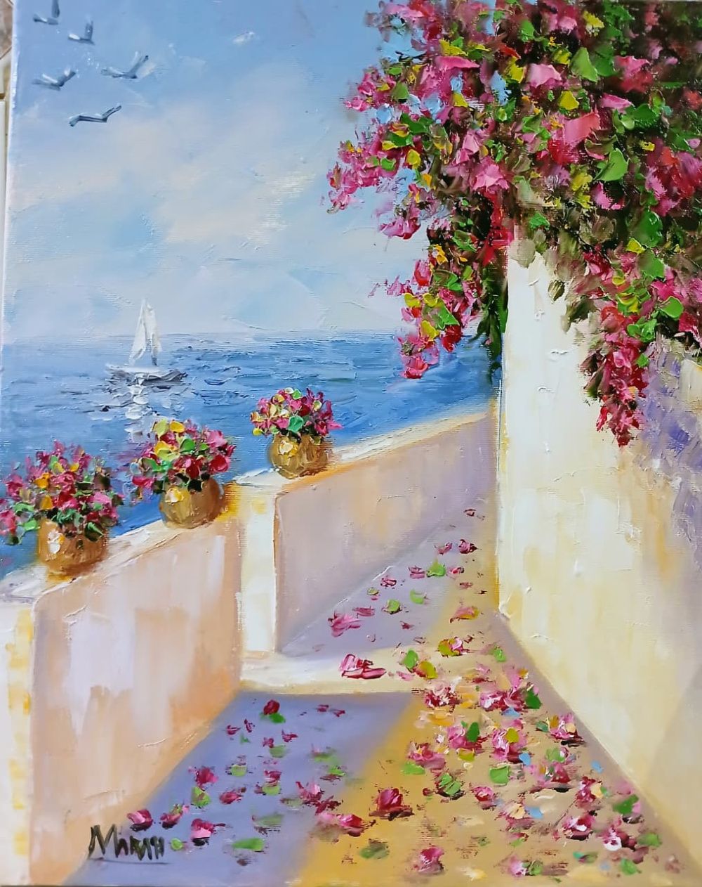 Quadro original "Terraço de Bougainvíleas" — Paisagens, Óleo sobre tela, 24 x 30 cm, pintado à mão por Marah Silva