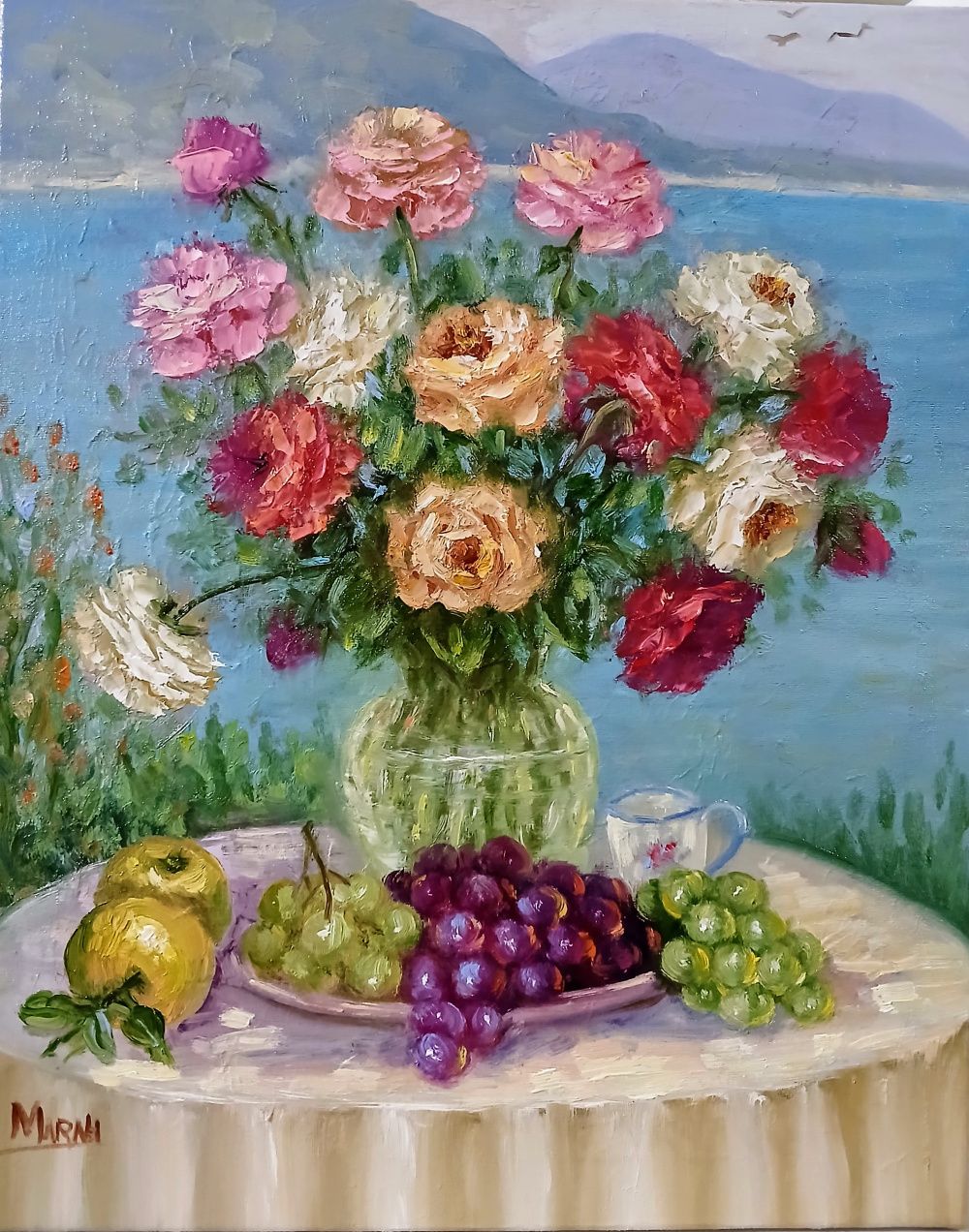 Quadro original "Flores à Beira-Mar" — Natureza-Morta, Óleo sobre tela, 40 x 50 cm, pintado à mão por Marah Silva