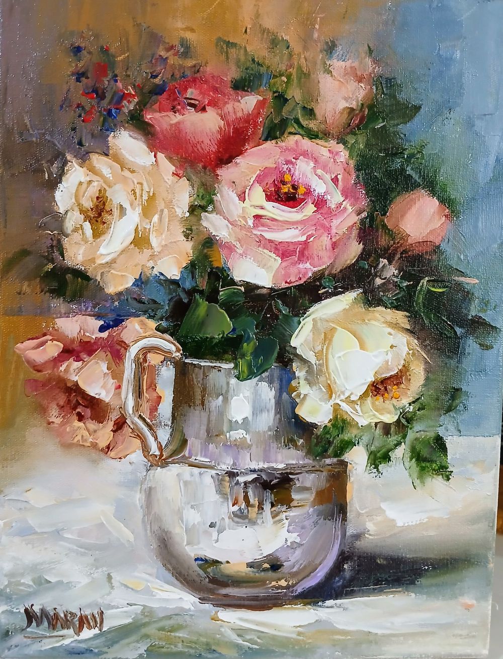 Quadro original "Rosas na Prata" — Florais, Óleo sobre tela, 18 x 24 cm, pintado à mão por Marah Silva