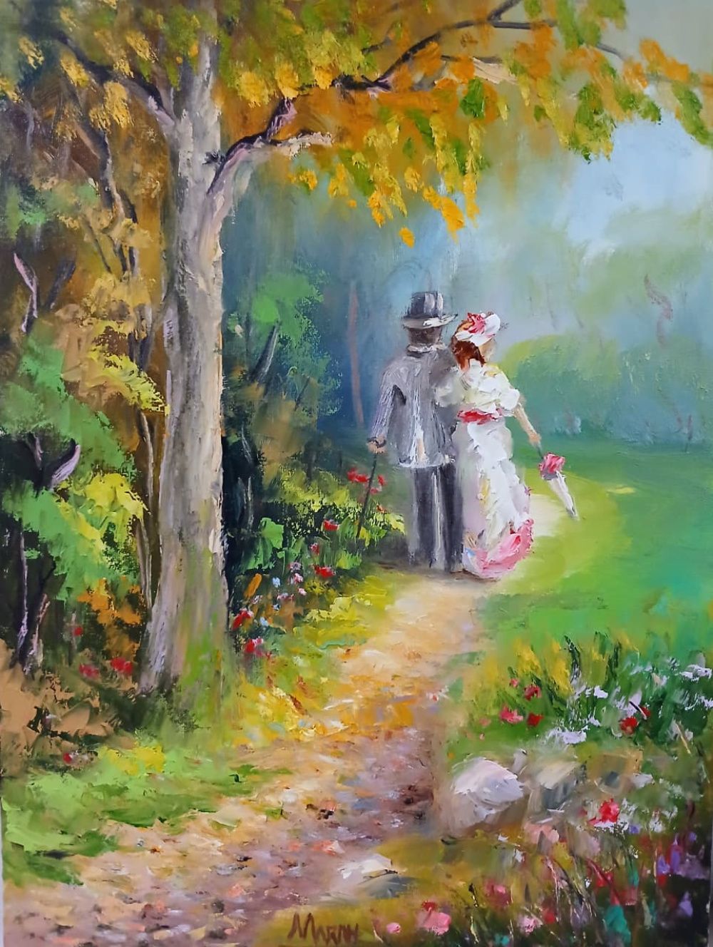 Quadro original "Casal caminhando no outono" — Impressionismo, Óleo sobre tela, 30 x 40 cm, pintado à mão por Marah Silva