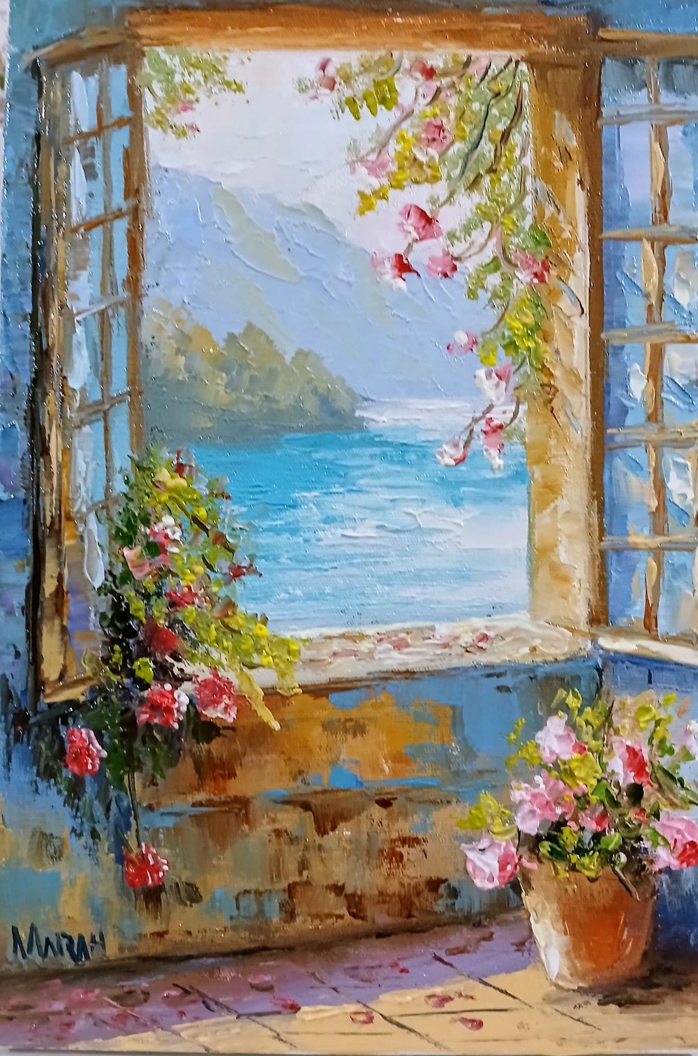 Quadro original "Brisa do Mar" — Janelas, Óleo sobre tela, 20 x 30 cm, pintado à mão por Marah Silva