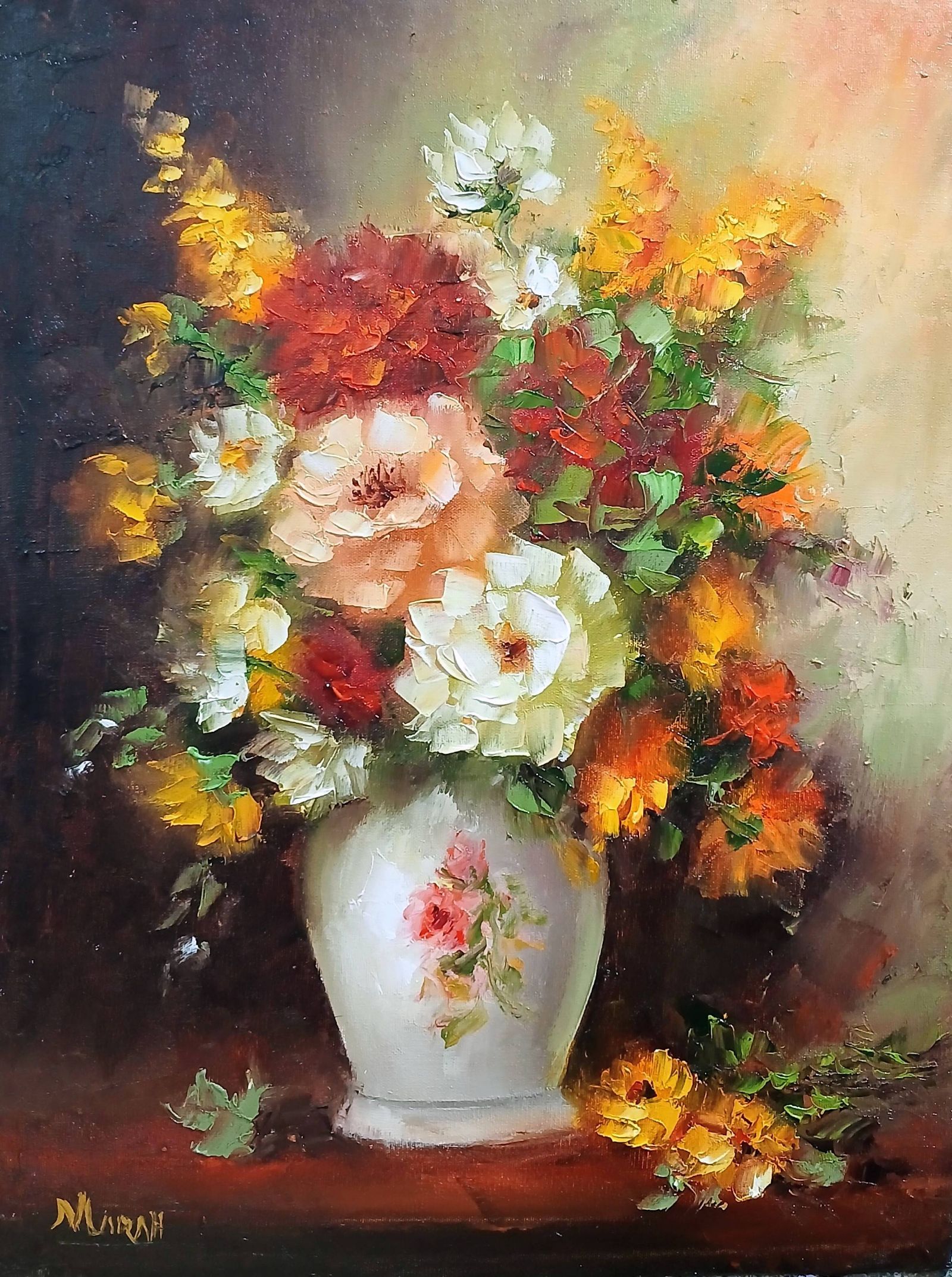 Quadro original "Florescer em tons de outono" — Florais, Espatulado a óleo sobre tela, 30 x 40 cm, pintado à mão por Marah Silva