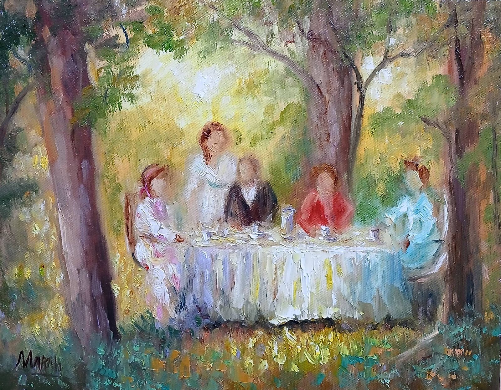 Quadro original "Tarde Serene ao Ar Livre" — Impressionismo, A óleo sobre tela, 24 x 30 cm, pintado à mão por Marah Silva