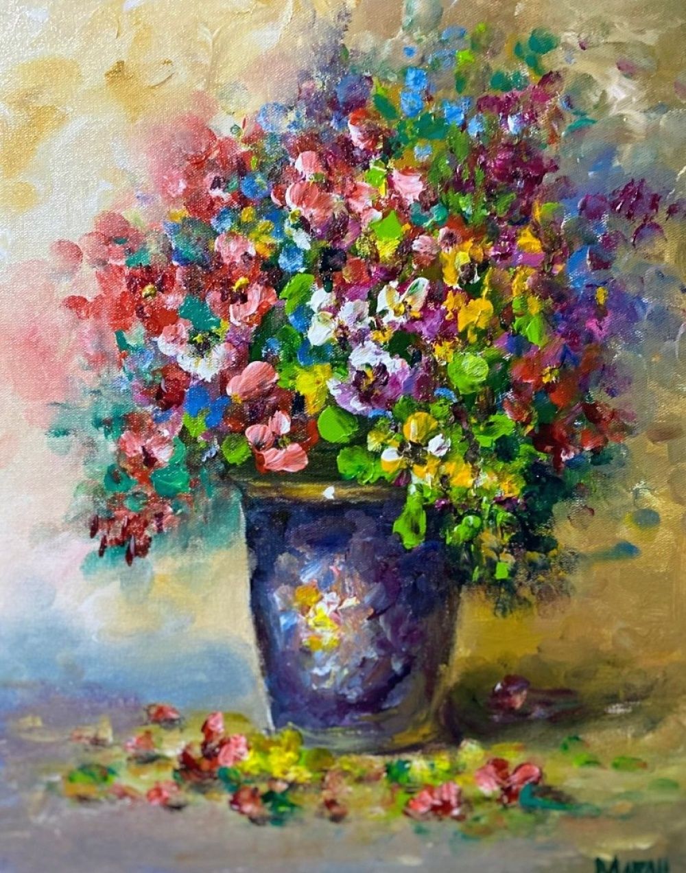 Quadro original "Vaso de Alegria Radiante" — Florais, Óleo sobre tela, 24 x 30 cm, pintado à mão por Marah Silva