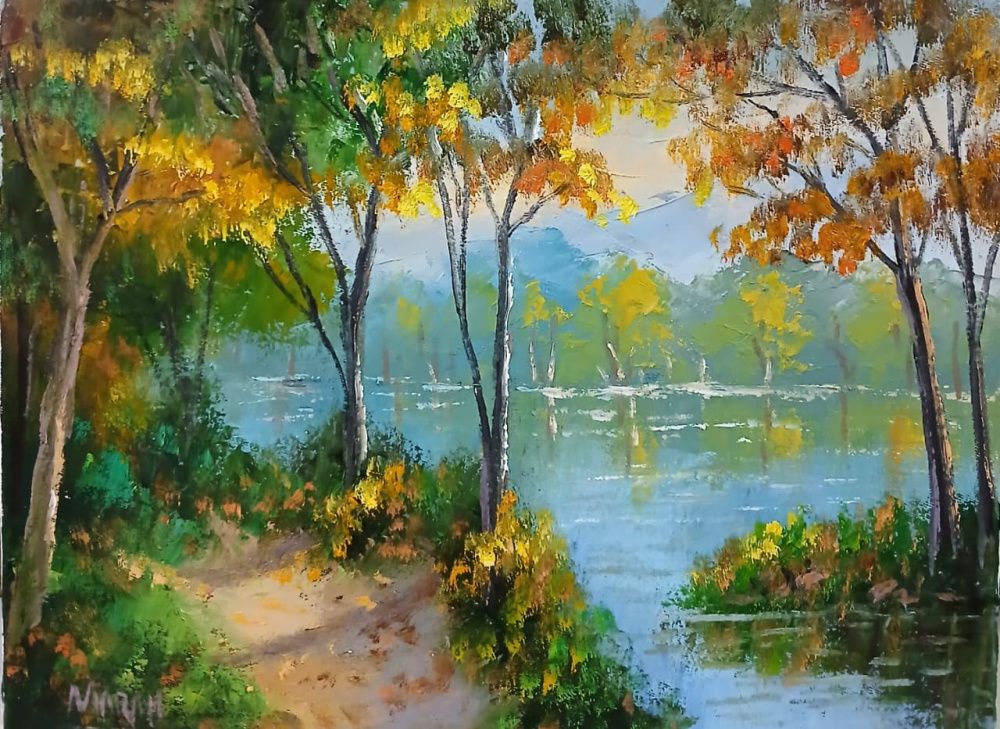 Quadro original "Orla de Luz e Natureza" — Paisagens, Óleo sobre tela, 40 x 30 cm, pintado à mão por Marah Silva