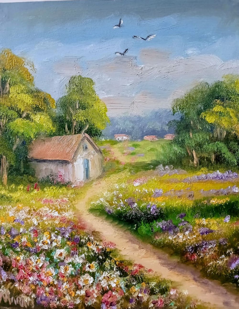 Quadro original "Caminho de Flores Suaves" — Paisagens, Óleo sobre tela, 24 x 30 cm, pintado à mão por Marah Silva