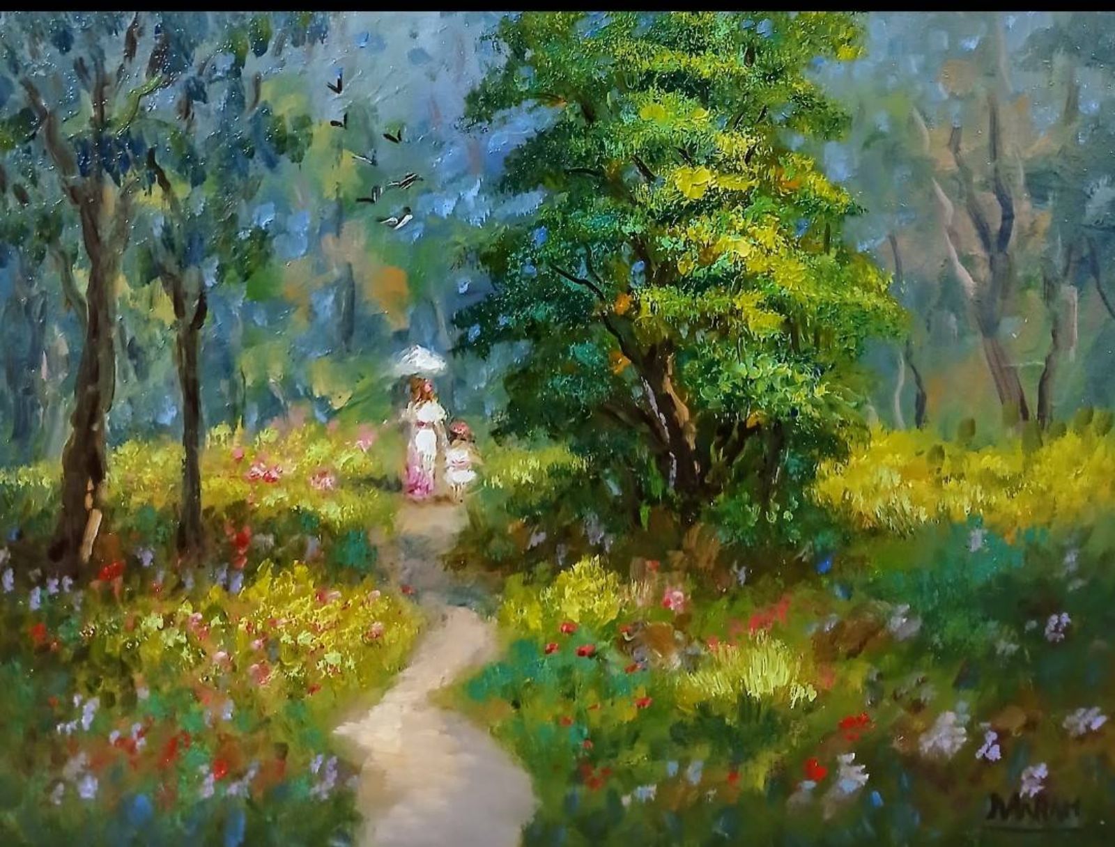 Quadro original "Caminho de Luz e Flores" — Impressionismo, 30 x 40 cm, pintado à mão por Marah Silva