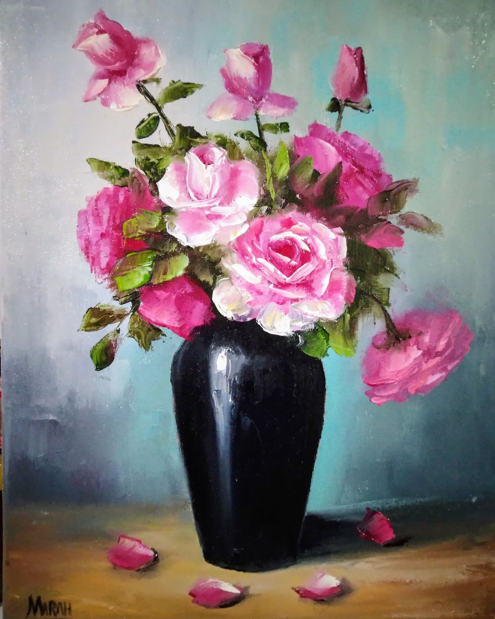 Quadro original "Delicadeza em Rosa" — Florais, Óleo sobre tela, 30 x 40 cm, pintado à mão por Marah Silva