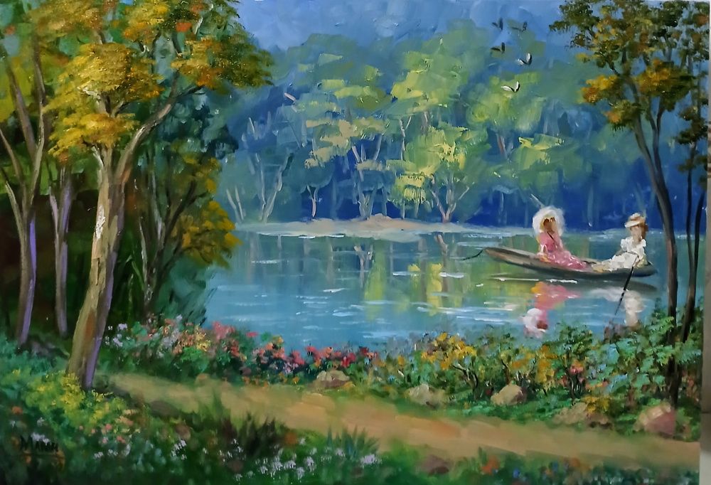 Quadro original "Passeio no Lago" — Impressionismo, Óleo sobre tela, 70 x 50 cm, pintado à mão por Marah Silva