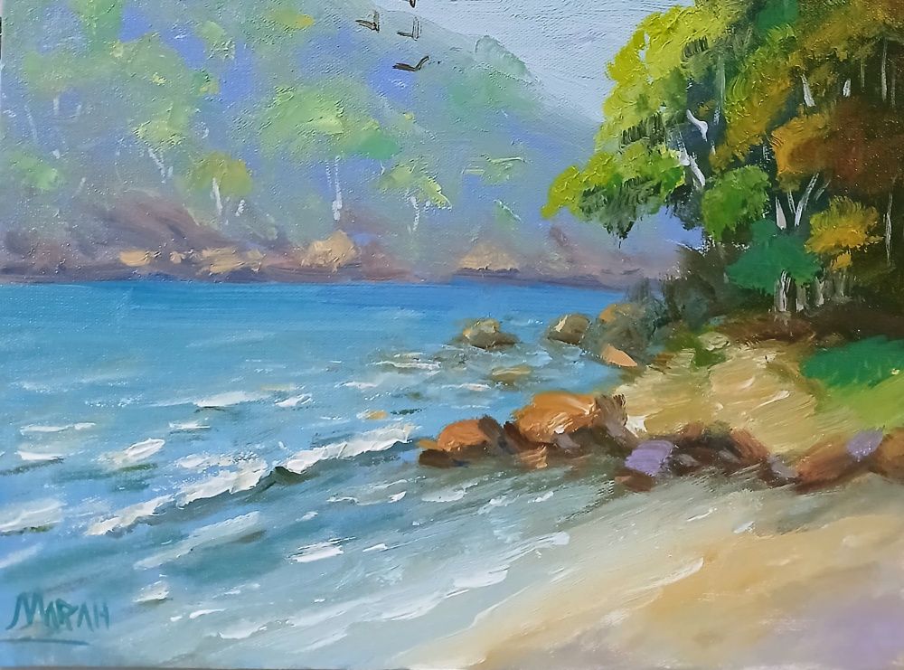 Quadro original "Encontro das Águas e Pedras" — Marinhas, Óleo sobre tela, 16 x 24 cm, pintado à mão por Marah Silva