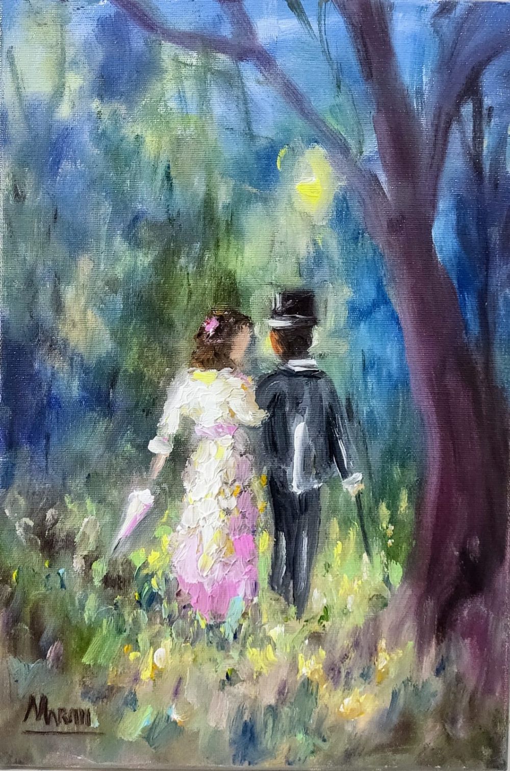 Quadro original "Os Enamorados II" — Impressionismo, Óleo sobre tela, 23 x 34 cm, pintado à mão por Marah Silva