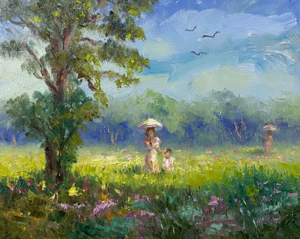Quadro original "Lembrança de Verão" — Impressionismo, Óleo sobre tela, 30 x 24 cm, pintado à mão por Marah Silva
