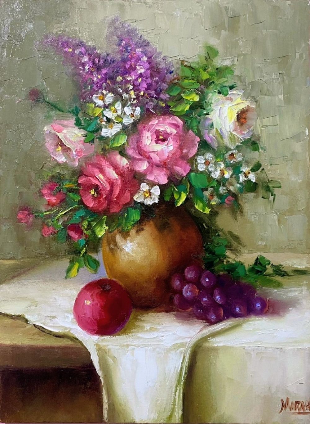 Quadro original "Flores e Frutos de Verão" — Florais, Óleo sobre tela, 30 x 40 cm, pintado à mão por Marah Silva