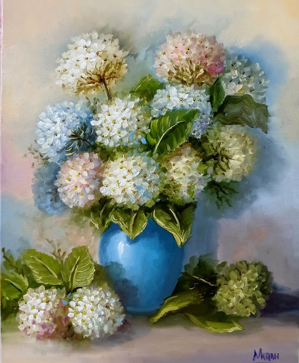 Quadro original "Encanto das Hortênsias" — Florais, Óleo sobre tela, 40 x 50 cm, pintado à mão por Marah Silva