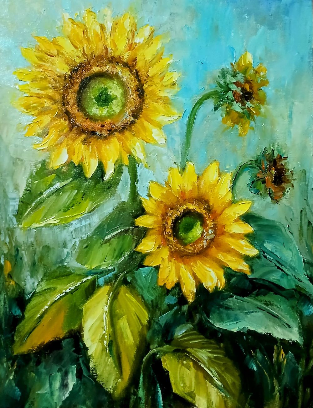 Quadro original "Girassóis ao Vento" — Florais, Óleo sobre tela, 30 x 40 cm, pintado à mão por Marah Silva