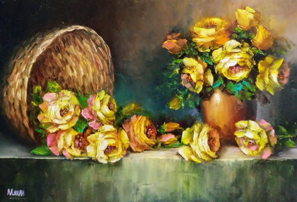 Quadro original "Rosas Amarelas" — Florais, Óleo sobre tela, 60 x 40 cm, pintado à mão por Marah Silva