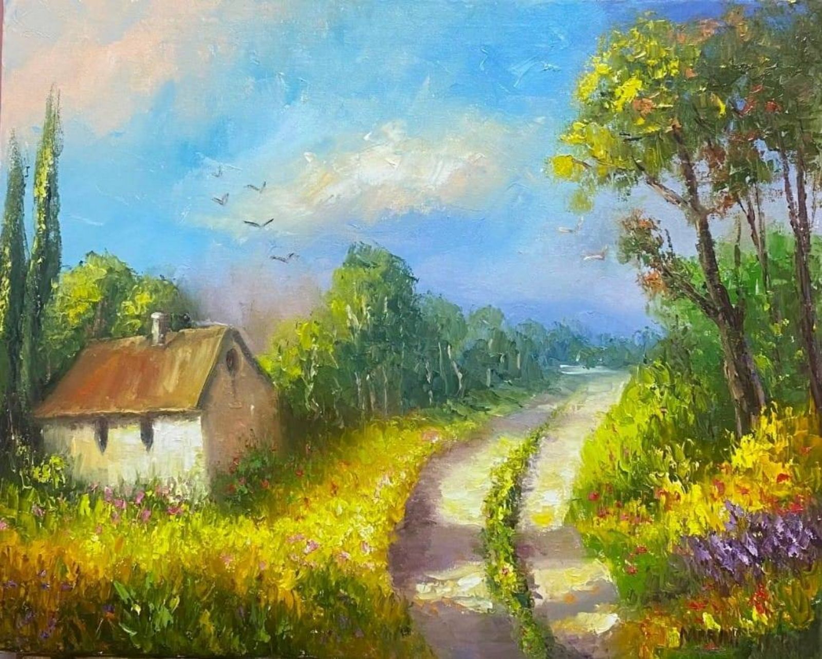 Quadro original "Alvorada na Estrada" — Paisagens, 40 x 50 cm, pintado à mão por Marah Silva