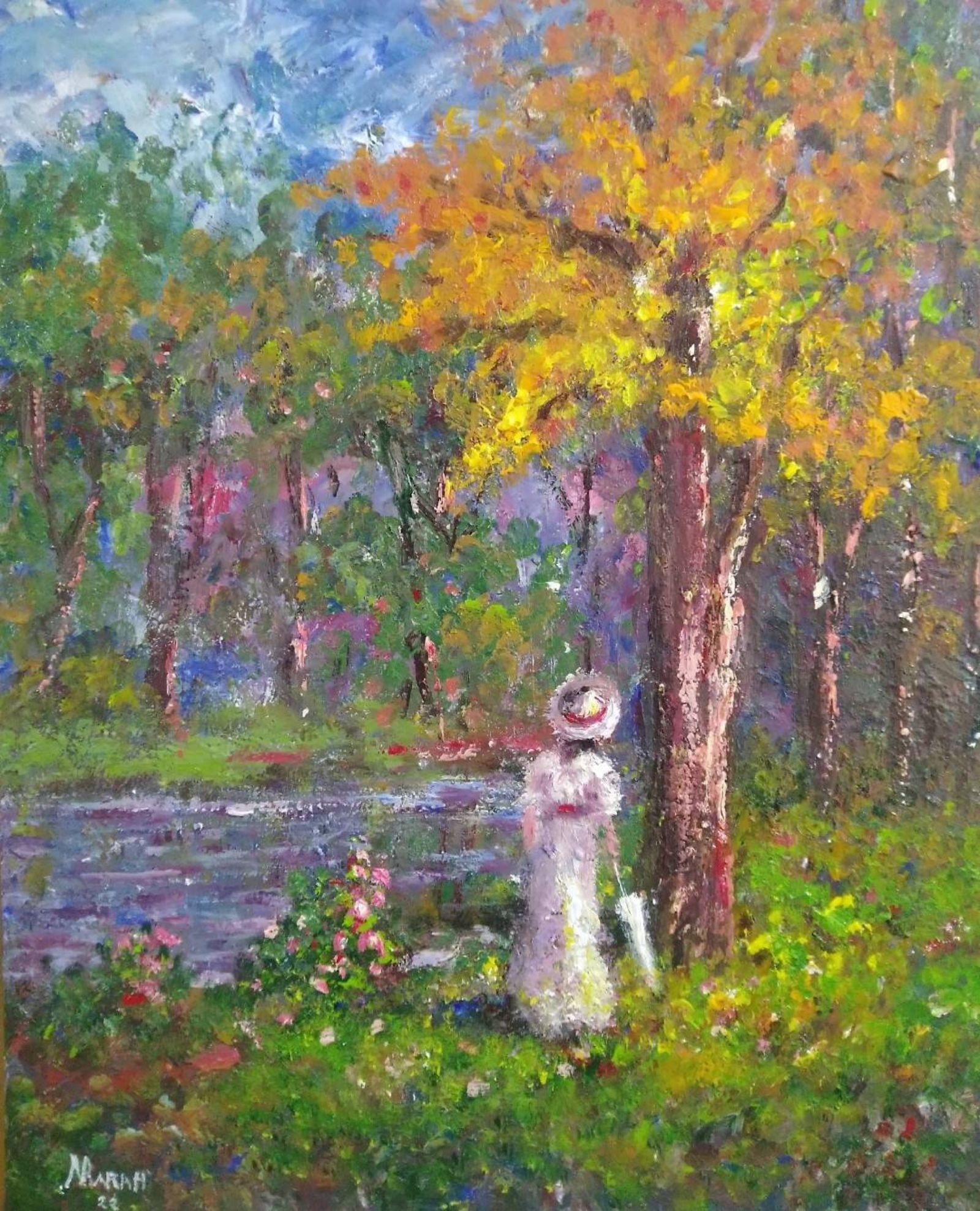 Quadro original "Serenidade à Margem" — Impressionismo, Espatulado a óleo sobre tela, 40 x 50 cm, pintado à mão por Marah Silva