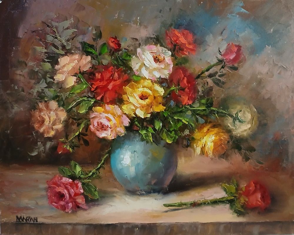 Quadro original "Silêncio das Rosas" — Florais, Óleo sobre tela, 50 x 40 cm, pintado à mão por Marah Silva