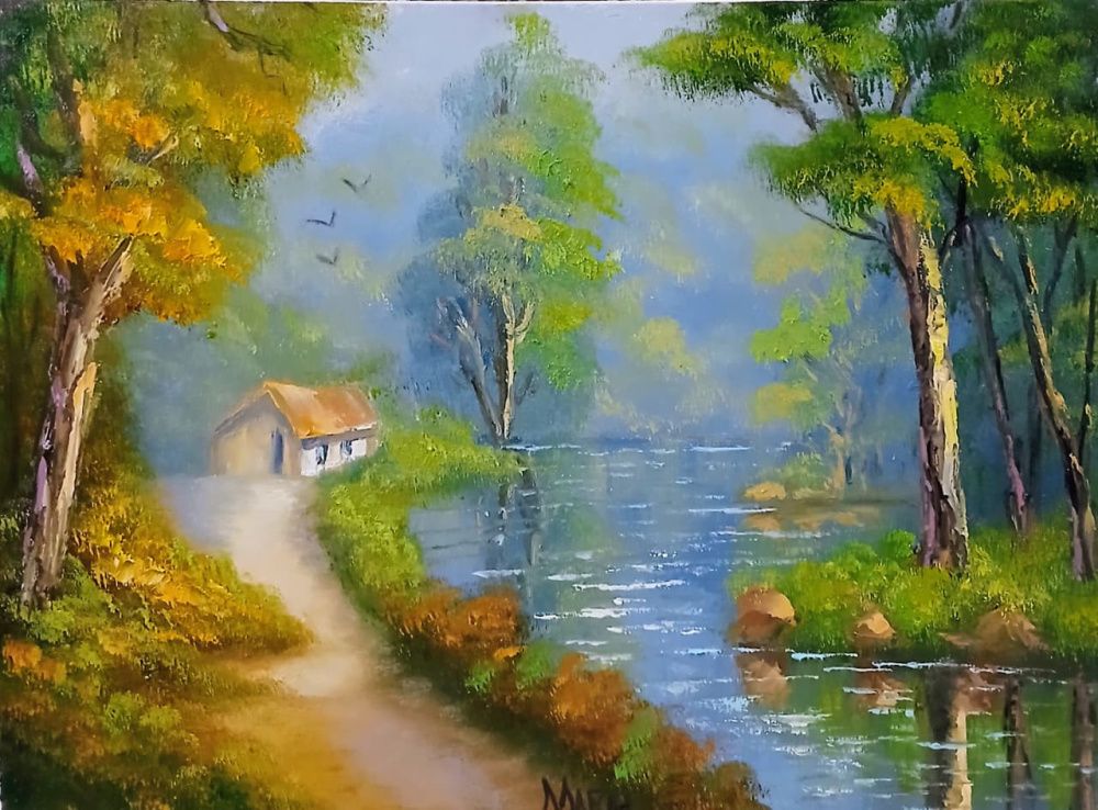 Quadro original "Caminho da Manhã Serena" — Paisagens, Óleo sobre tela, 40 x 30 cm, pintado à mão por Marah Silva