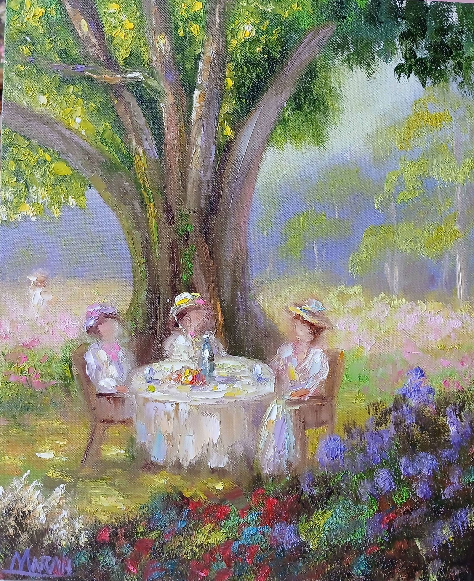 Quadro original "Encontro Sob o Arvoredo" — Impressionismo, A óleo sobre tela, 24 x 30 cm, pintado à mão por Marah Silva