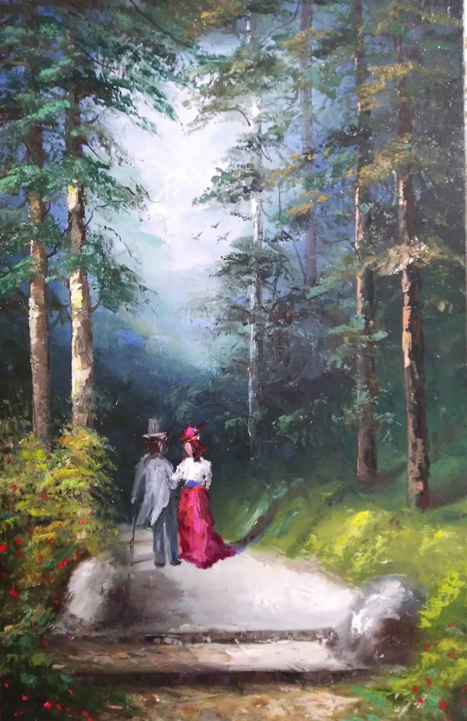 Quadro original "Passeio Romântico" — Impressionismo, 50 x 70 cm, pintado à mão por Marah Silva
