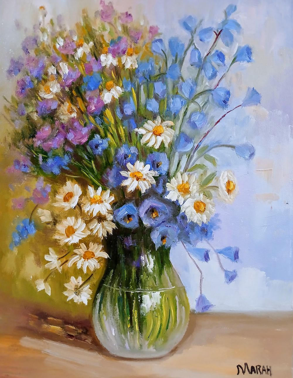 Quadro original "Flores do campo num vaso de vidro" — Florais, Óleo sobre tela, 30 x 40 cm, pintado à mão por Marah Silva