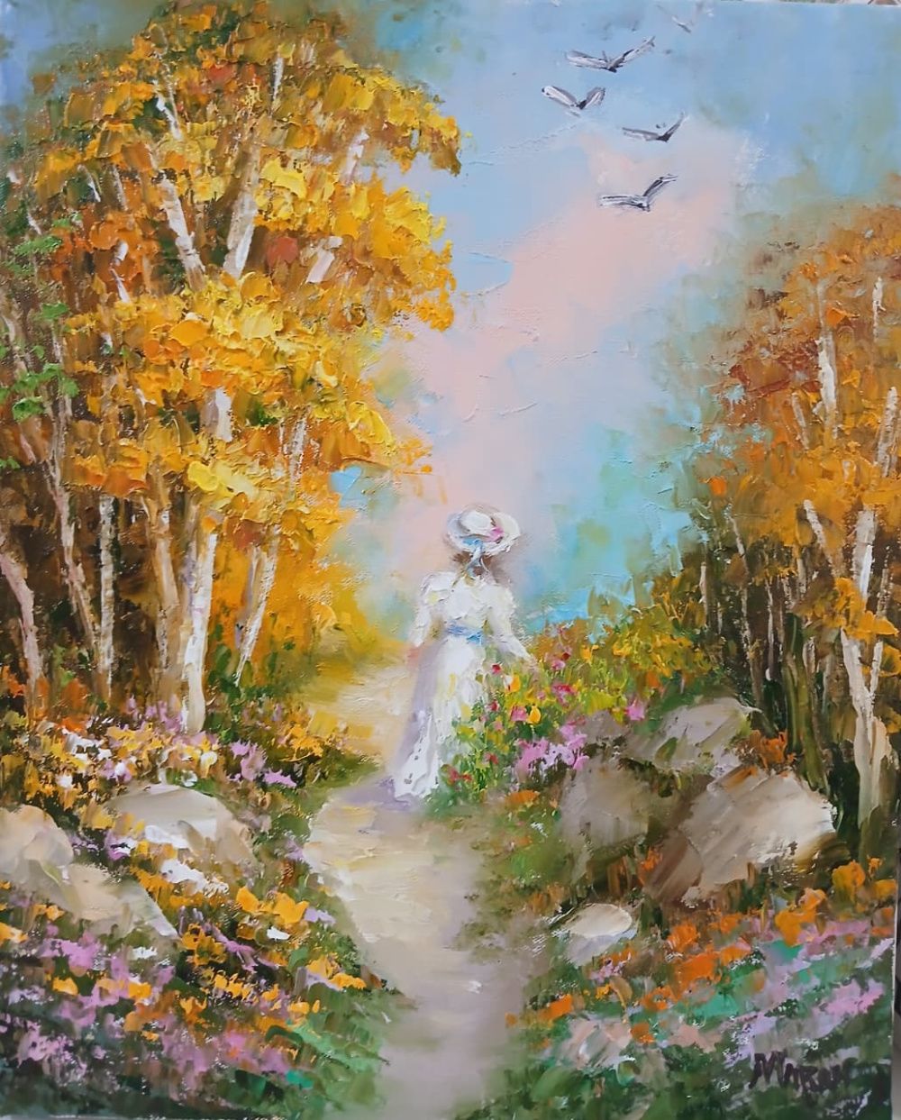 Quadro original "Caminho Dourado" — Impressionismo, Óleo sobre tela, 24 x 30 cm, pintado à mão por Marah Silva