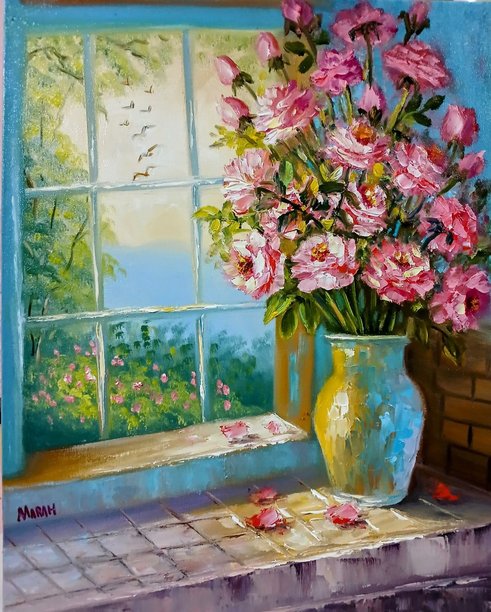 Quadro original "Manhã de Primavera" — Janelas, Óleo sobre tela, 40 x 50 cm, pintado à mão por Marah Silva