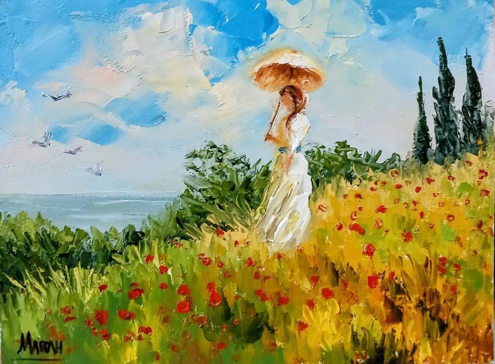 Quadro original "Passeio entre Papoulas" — Impressionismo, Óleo sobre tela, 16 x 24 cm, pintado à mão por Marah Silva