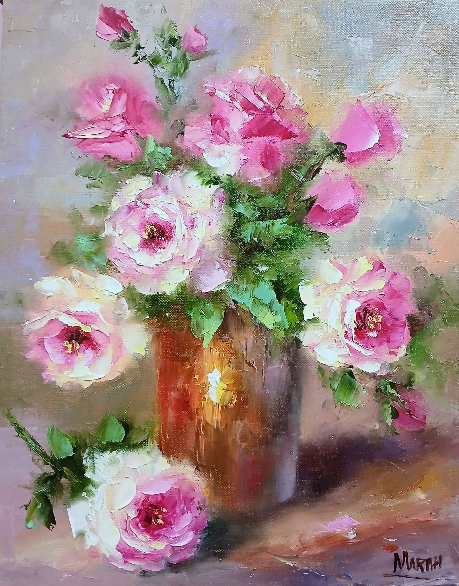 Quadro original "Encanto em Tons de Rosa" — Florais, 24 x 30 cm, pintado à mão por Marah Silva