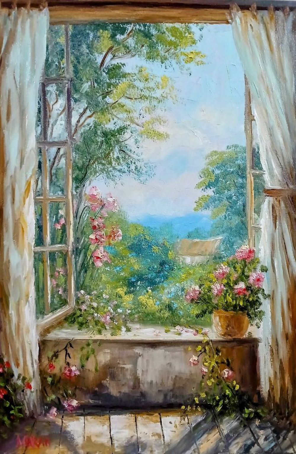 Quadro original "A Janela da Primavera" — Janelas, Óleo sobre tela, 50 x 70 cm, pintado à mão por Marah Silva
