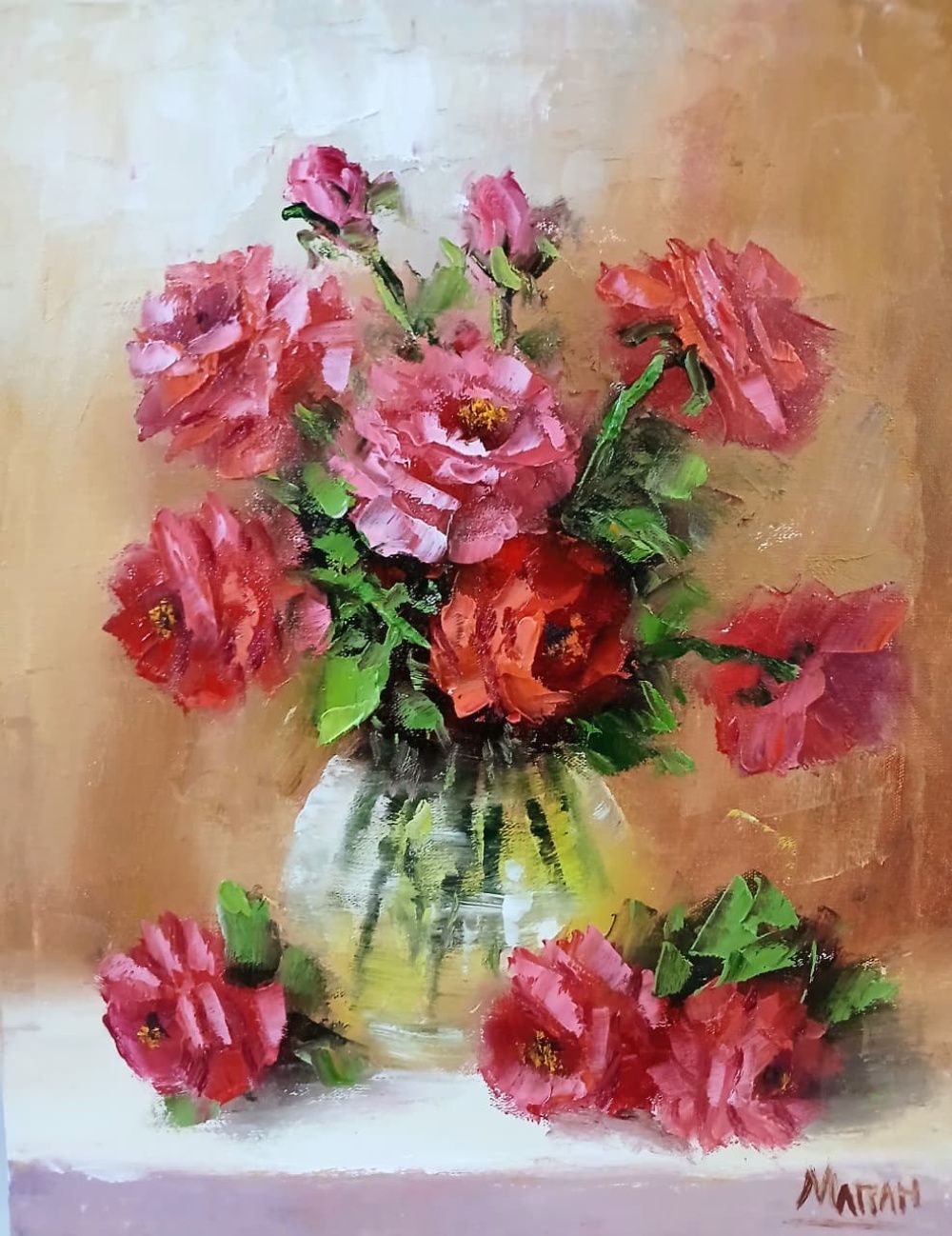 Quadro original "Rosas em Suave Brilho" — Florais, Óleo sobre tela, 24 x 30 cm, pintado à mão por Marah Silva