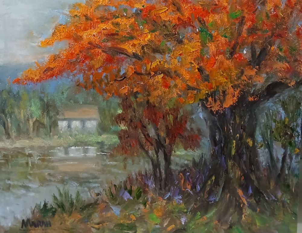 Quadro original "Outono Refletido" — Paisagens, Óleo sobre tela, 30 x 24 cm, pintado à mão por Marah Silva