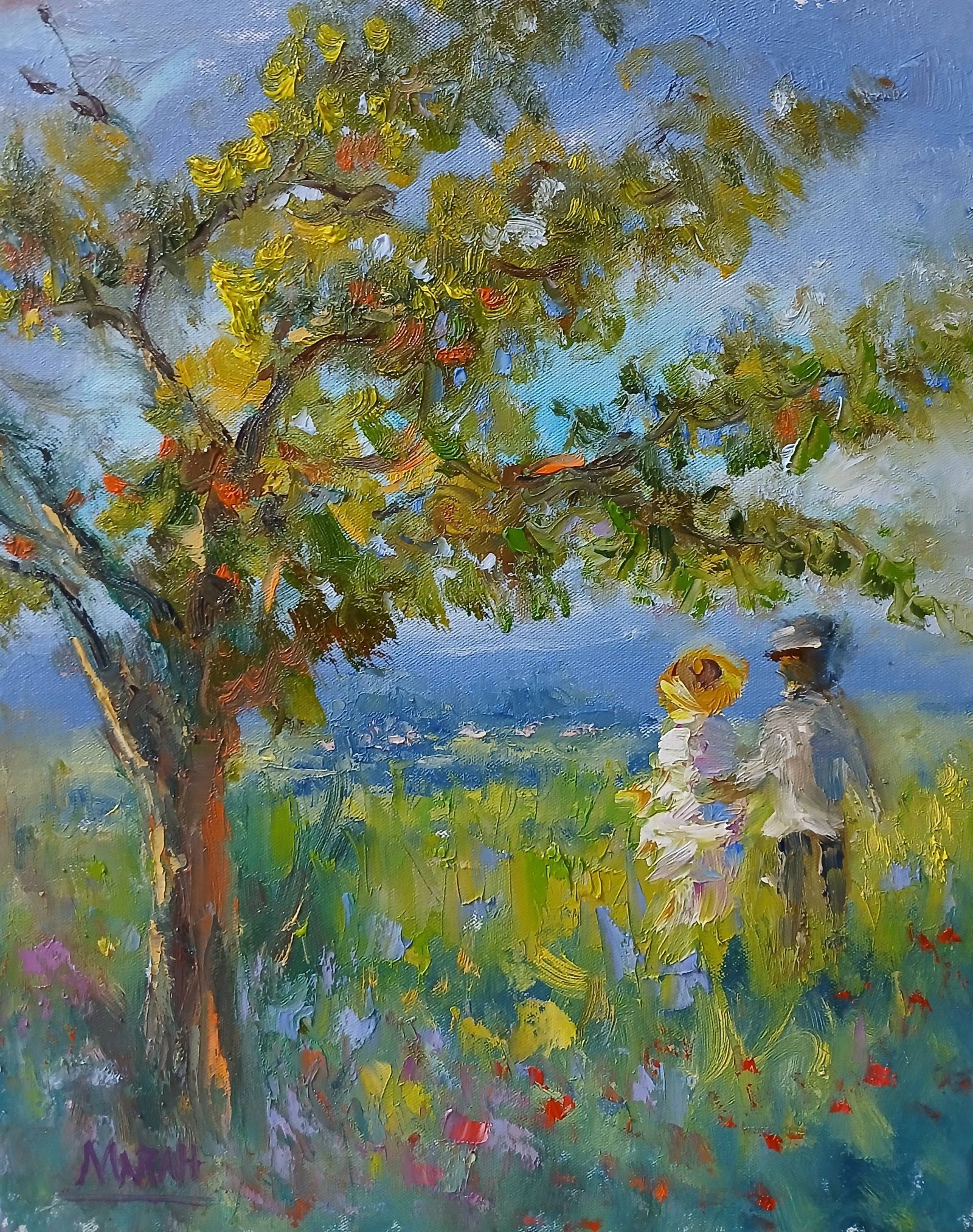 Quadro original "Romance Sob a Árvore" — Impressionismo, Espatulado a óleo sobre tela, 24 x 30 cm, pintado à mão por Marah Silva