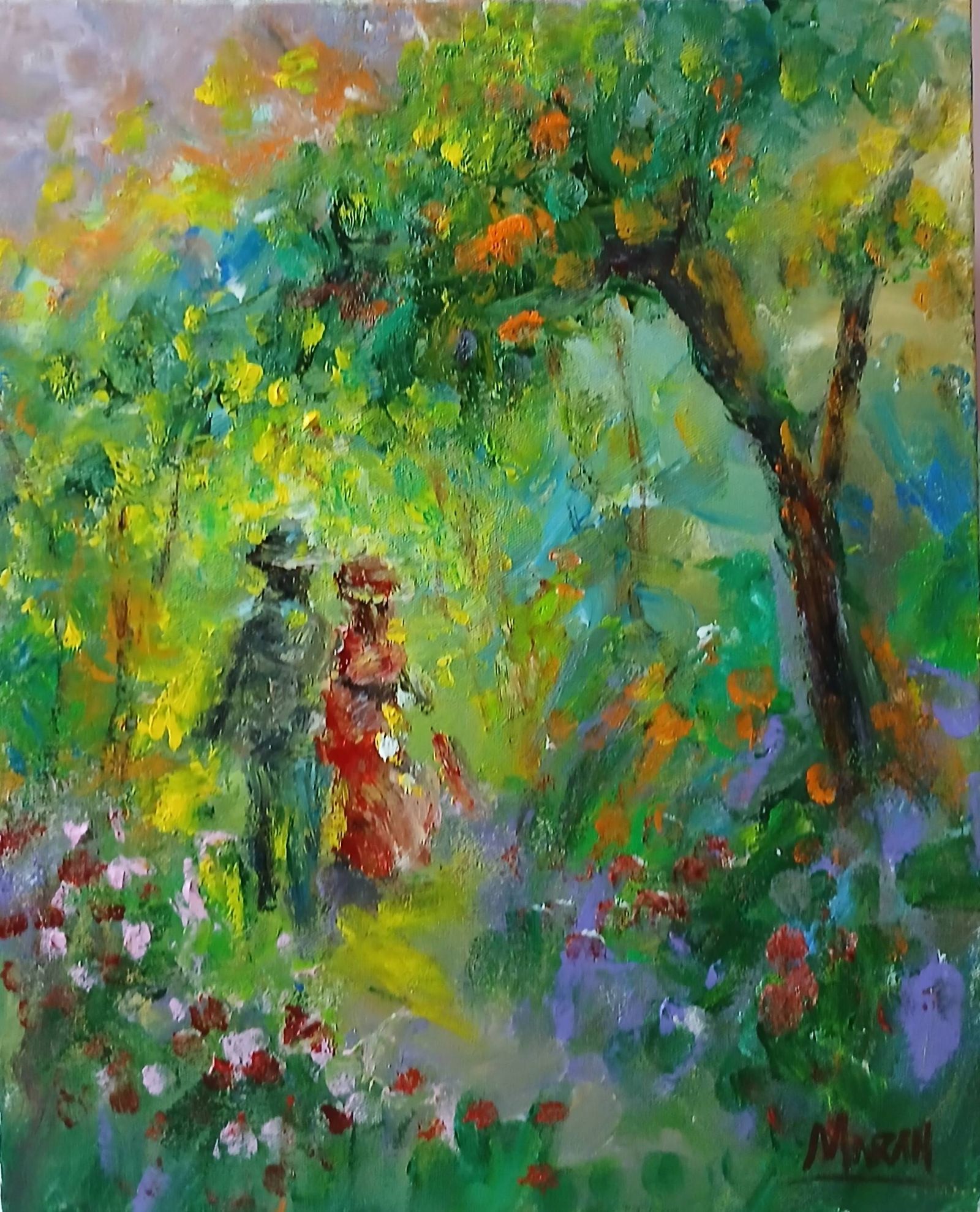 Quadro original "Romance na Primavera Eterna" — Impressionismo, A óleo sobre tela, 24 x 30 cm, pintado à mão por Marah Silva