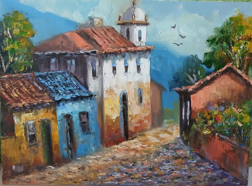 Quadro original "Vila Colonial" — Paisagens, Óleo sobre tela, 40 x 30 cm, pintado à mão por Marah Silva