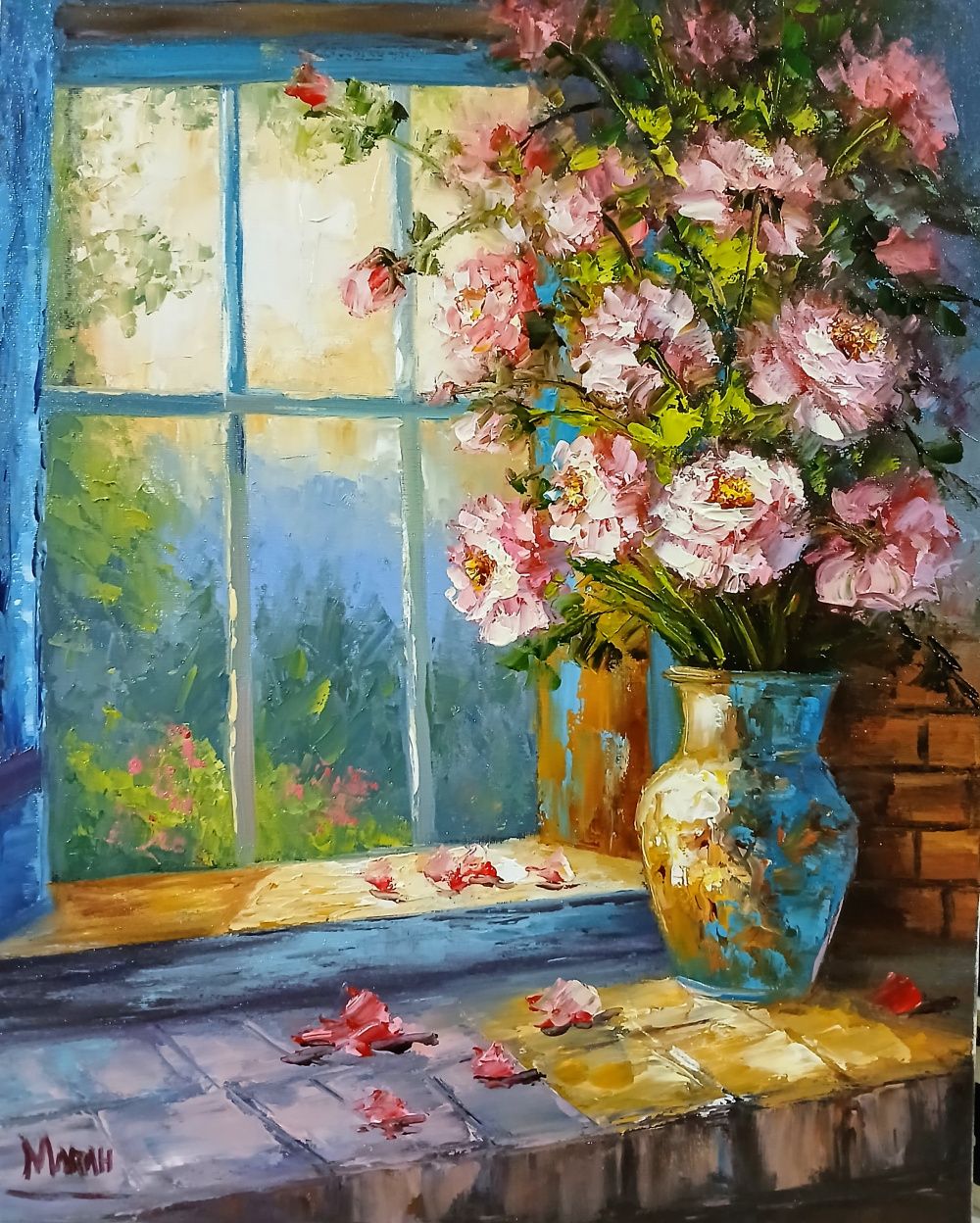 Quadro original "Flores à Luz da Manhã" — Janelas, Óleo sobre tela, 40 x 50 cm, pintado à mão por Marah Silva