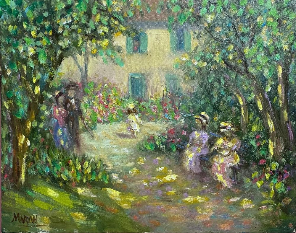 Quadro original "Encontro no Verão" — Impressionismo, Óleo sobre tela, 30 x 24 cm, pintado à mão por Marah Silva