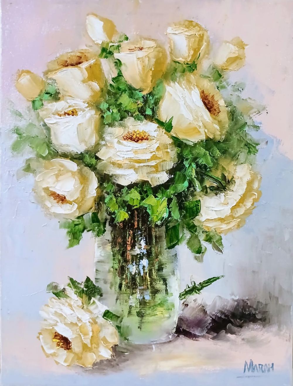 Quadro original "Rosas num vaso de cristal" — Florais, Óleo sobre tela, 30 x 40 cm, pintado à mão por Marah Silva