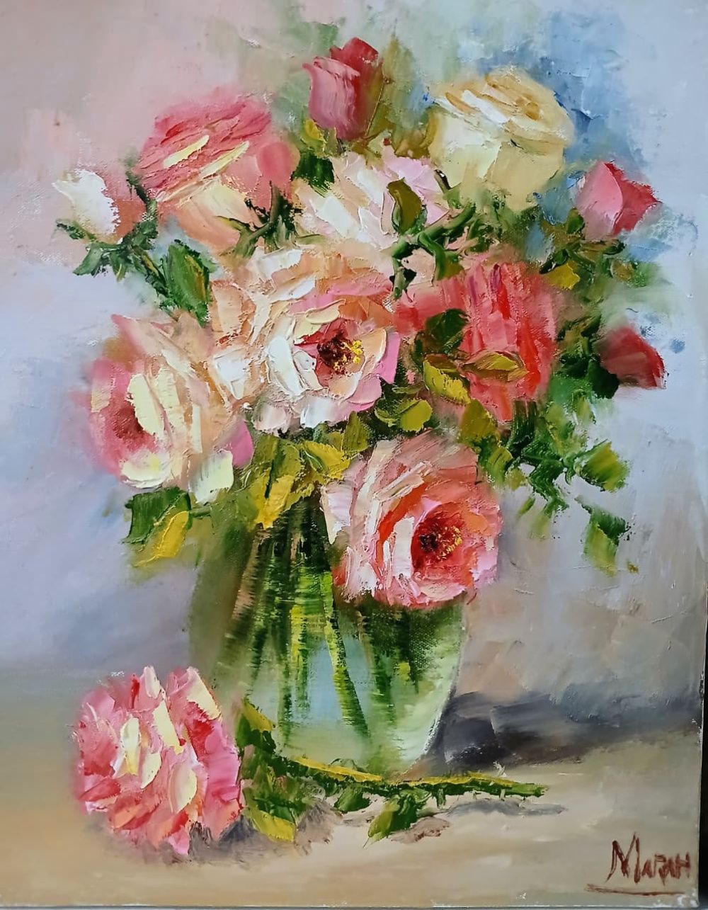 Quadro original "Rosas em Brisa Azul" — Florais, Óleo sobre tela, 24 x 30 cm, pintado à mão por Marah Silva