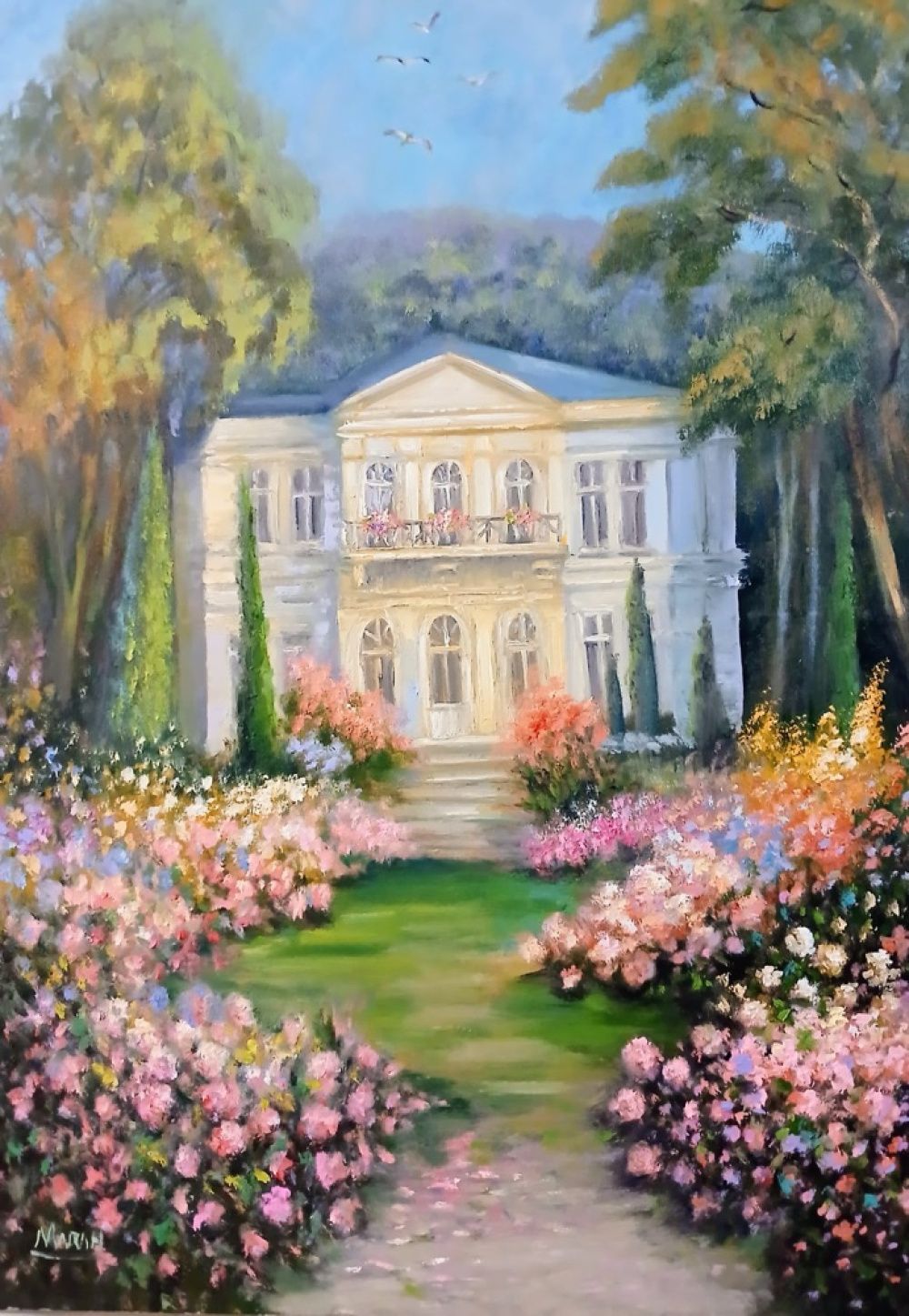 Quadro original "Mansão com Jardim Florido" — Paisagens, Óleo sobre tela, 50 x 70 cm, pintado à mão por Marah Silva