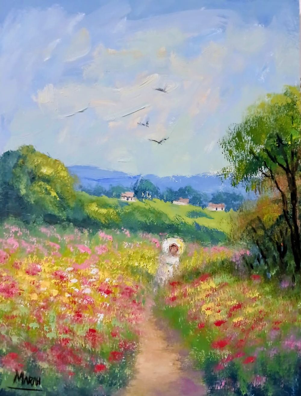 Quadro original "Primavera ao Longe" — Impressionismo, Óleo sobre tela, 30 x 40 cm, pintado à mão por Marah Silva