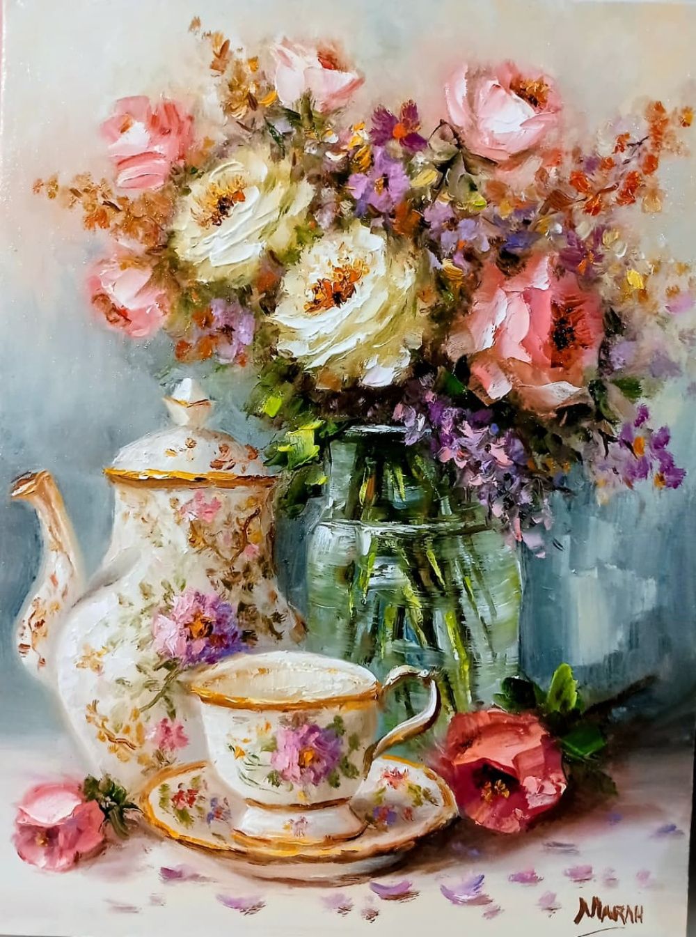 Quadro original "Flores e Delicadeza Matinal" — Florais, Óleo sobre tela, 30 x 40 cm, pintado à mão por Marah Silva