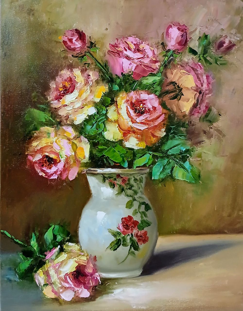 Quadro original "Rosas da Tarde" — Florais, Óleo sobre tela, 30 x 40 cm, pintado à mão por Marah Silva