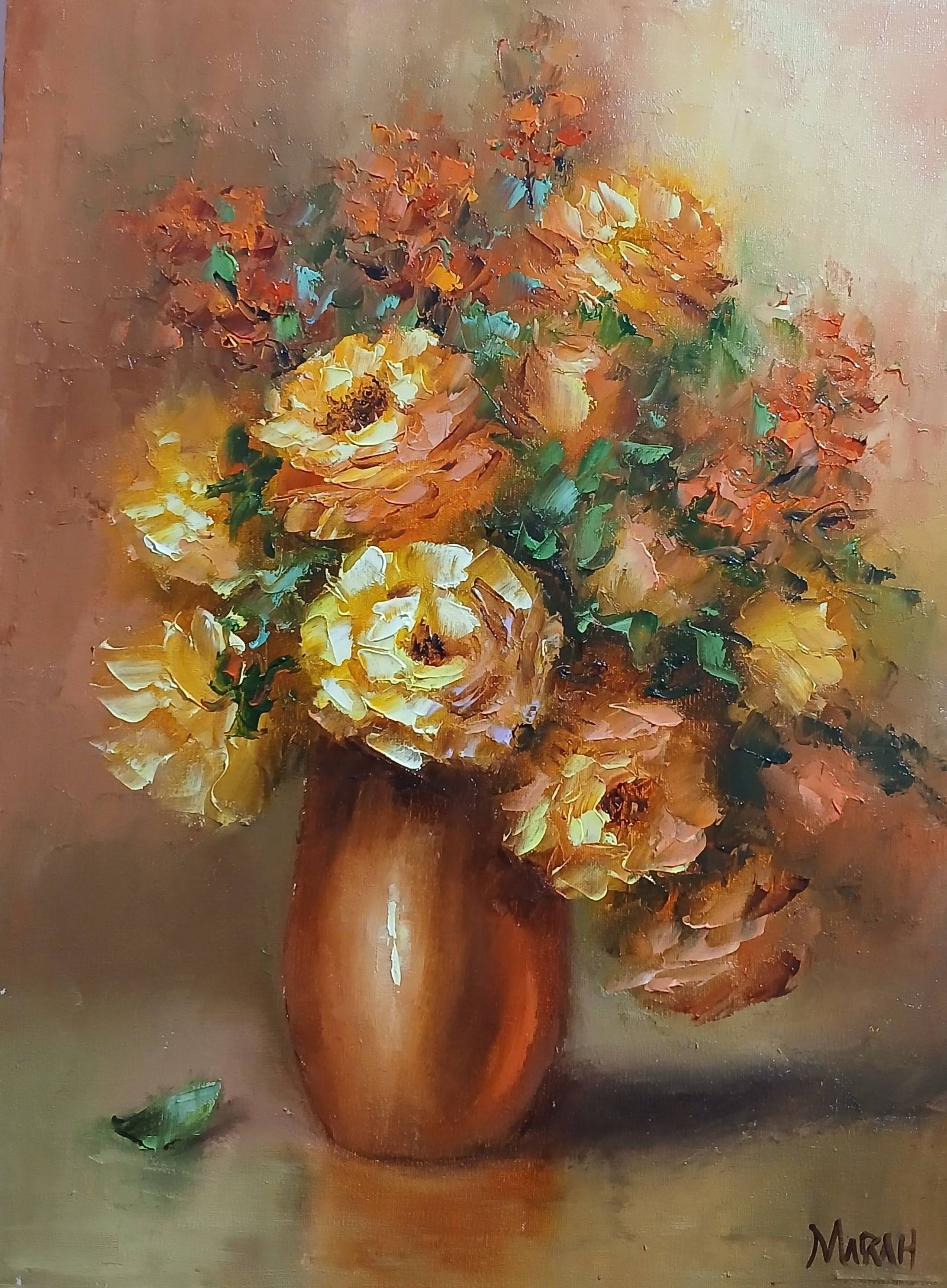 Quadro original "Jarro Dourado em Flor" — Florais, Espatulado a óleo sobre tela, 30 x 40 cm, pintado à mão por Marah Silva